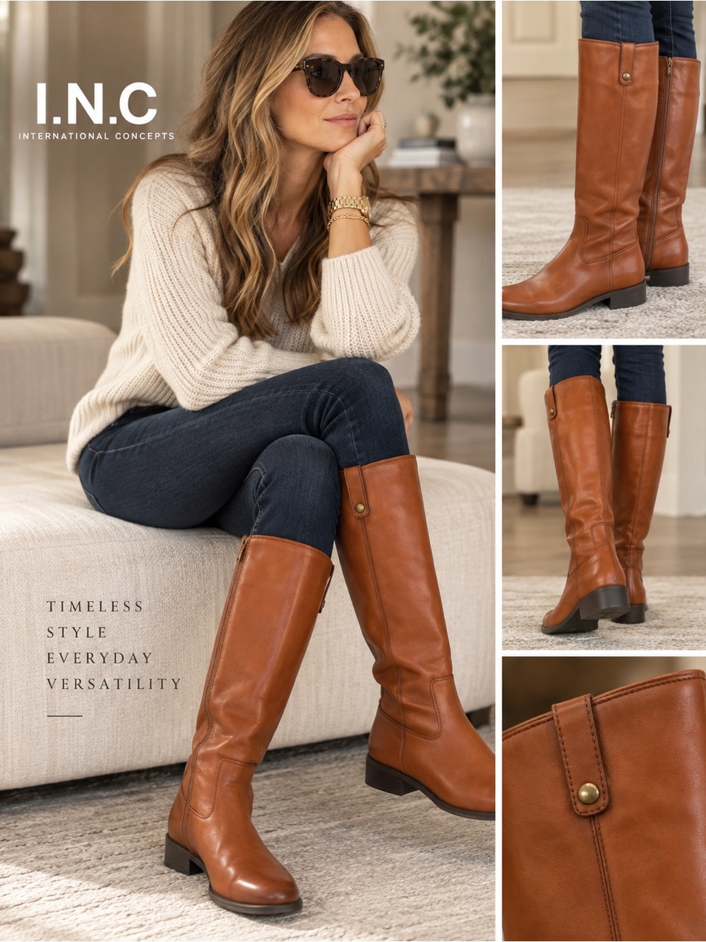 I.N.C. Fawne Cognac Leather Knee High Riding Boots